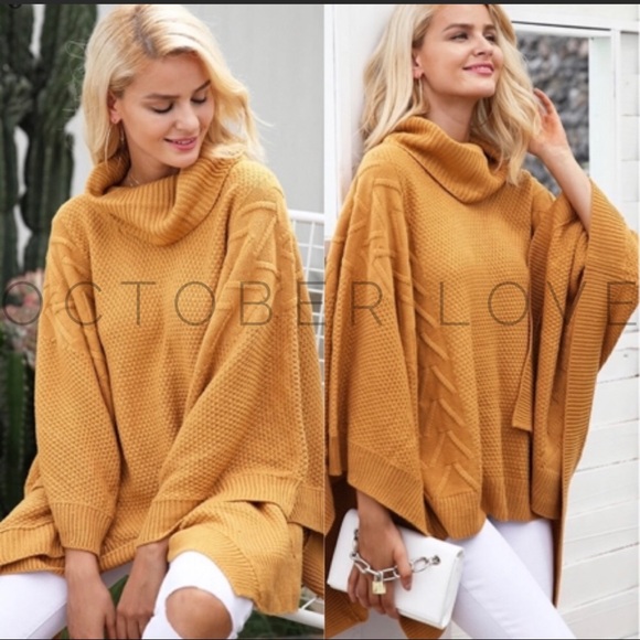 Jackets & Blazers - Sweater Poncho Turtleneck, fits S-3X, Mustard